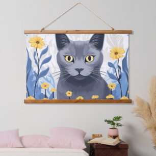 Tapiz Con Marco De Madera Gato Azul Ruso Flores Amarillas