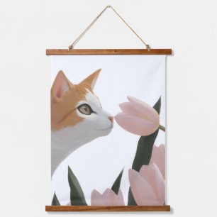 Tapiz Con Marco De Madera Gato Curioso Floral de Primavera