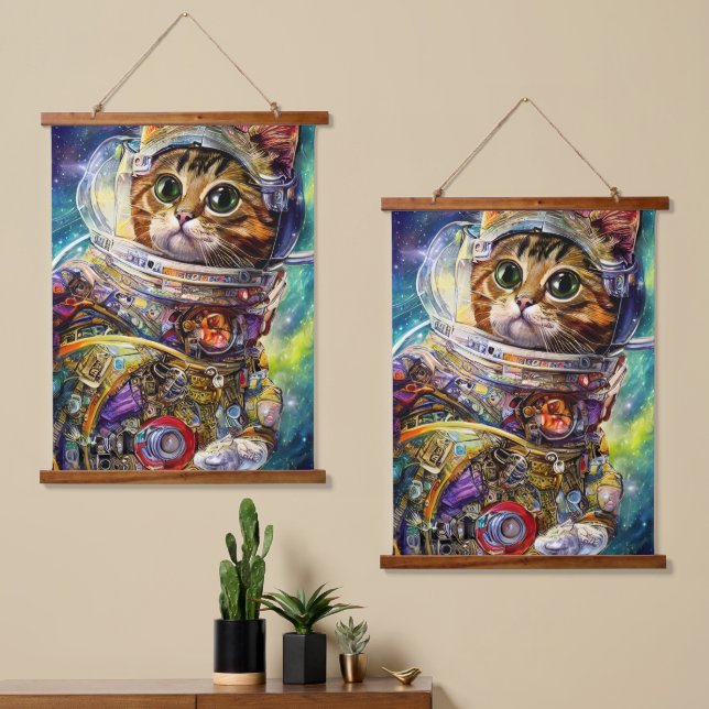 Tapiz Con Marco De Madera Gato de espacio futurista (Asimétrico)