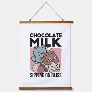 Tapiz Con Marco De Madera Gato de Leche Chocolate Kawaii – Bebida Acogedora 