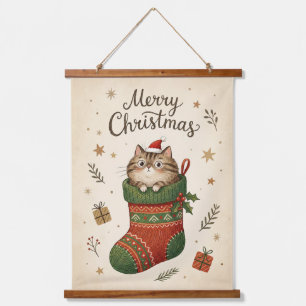 Tapiz Con Marco De Madera Gato de Navidad en Calcetín