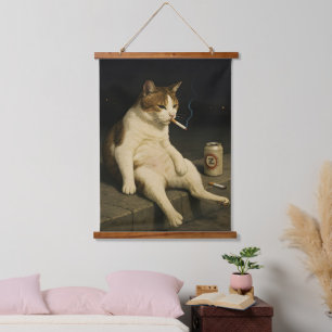 Tapiz Con Marco De Madera Gato Divertido con Cigarrillo Meme de Gato Diverti