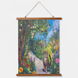 Tapiz Con Marco De Madera Gato en un jardín floral - Pintura impresionista