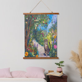 Tapiz Con Marco De Madera Gato en un jardín floral - Pintura impresionista