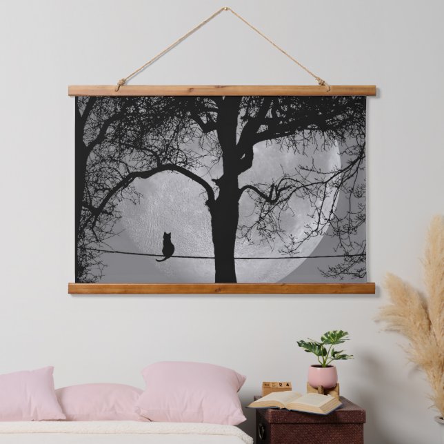 Tapiz Con Marco De Madera Gato en una luna llena de cable (Dormitorio)