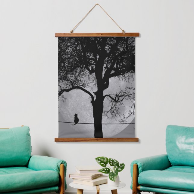 Tapiz Con Marco De Madera Gato en una luna llena de cable (Sala de estar)