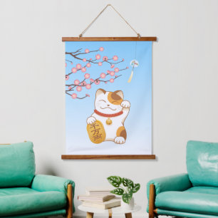 Tapiz Con Marco De Madera Gato japonés con suerte de calico, Maneki Neko