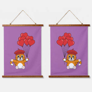 Tapiz Con Marco De Madera Gato lindo con globos de corazón rojo