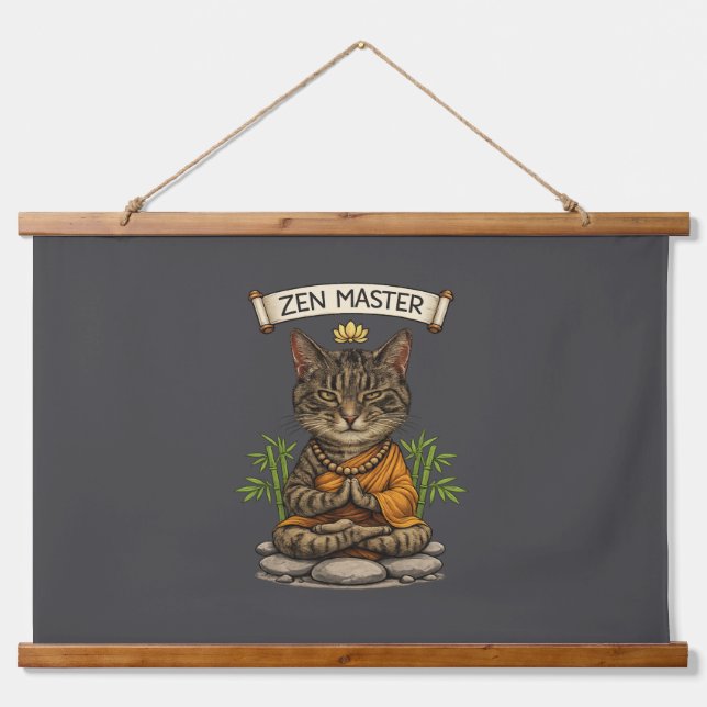 Tapiz Con Marco De Madera Gato Maestro Zen Divertido Regalo Gato Gris Tabby  (Anverso )