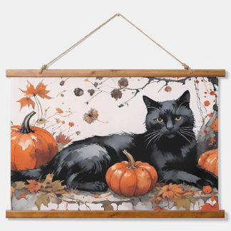Tapiz Con Marco De Madera Gato negro otoñal con calabazas