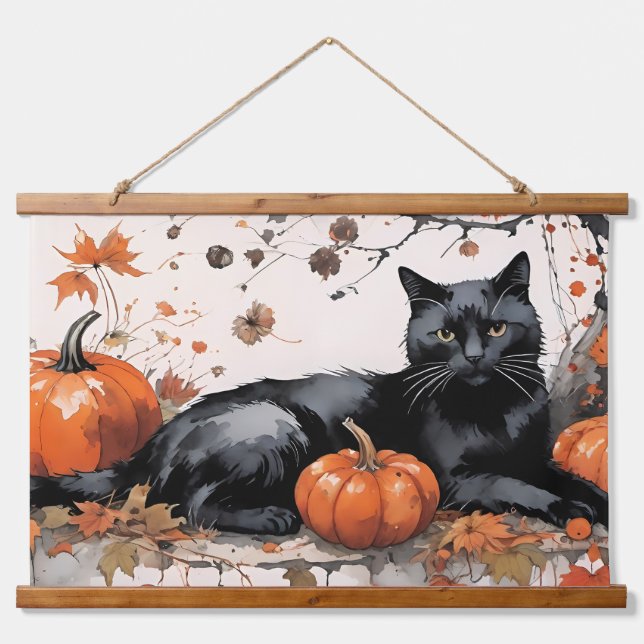 Tapiz Con Marco De Madera Gato negro otoñal con calabazas (Anverso )