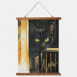 Tapiz Con Marco De Madera Gato negro sobre madera de cerdo taponado arte en 