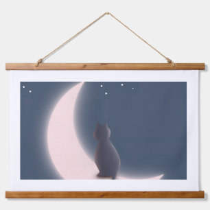Tapiz Con Marco De Madera Gato negro soñador en colgante de pared de luna cr