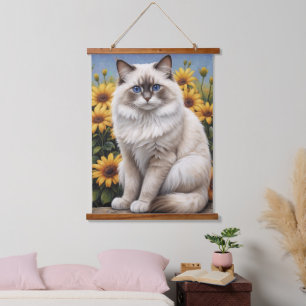 Tapiz Con Marco De Madera Gato Ragdoll con flores Mascota caprichoso