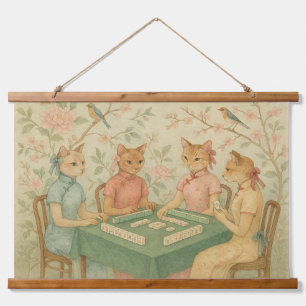 Tapiz Con Marco De Madera Gatos Chinoiserie Jugando Mahjong