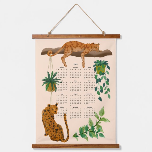 Tapiz Con Marco De Madera Gatos de la jungla; calendario de leopardos y mace (Anverso)