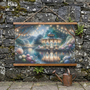 Tapiz Con Marco De Madera Gazebo del Jardín Encantado Reflejo del Crepúsculo