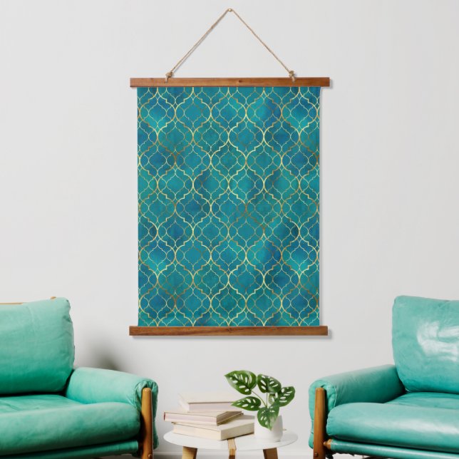 Tapiz Con Marco De Madera Geometría de Esmeralda Dorada (Sala de estar)