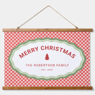 Tapiz Con Marco De Madera Gingham de cuadros rojos Feliz Navidad Personaliza