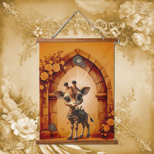 Tapiz Con Marco De Madera Girafa de bebé en steampunk-personalizado