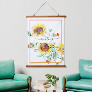Tapiz Con Marco De Madera Girasoles acuarela personalizados