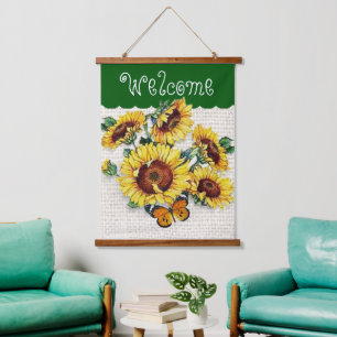 Tapiz Con Marco De Madera Girasoles y bienvenida de mariposas