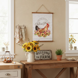 Tapiz Con Marco De Madera Girasoles y granja de pollos frescos  