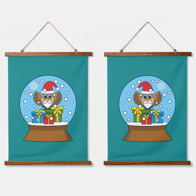 Tapiz Con Marco De Madera Globe de nieve con búho de Santa Claus (Doble)