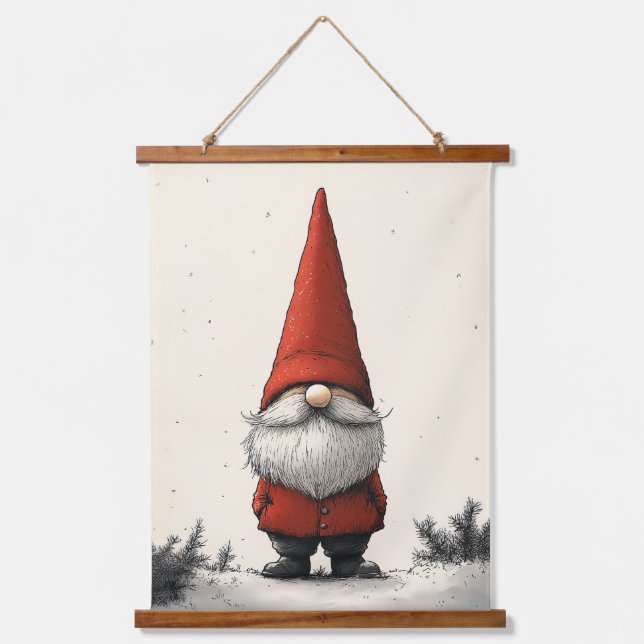 Tapiz Con Marco De Madera Gnome de invierno alegre en Gorra rojo (Anverso)