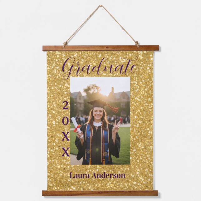 Tapiz Con Marco De Madera Gold glitter photo graduation add name class text (Anverso)