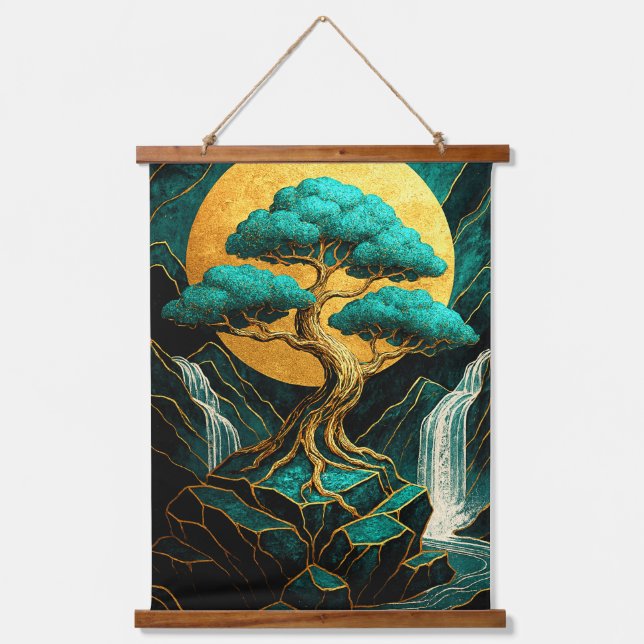 Tapiz Con Marco De Madera Golden Bonsai Moonlight  Teal Waterfall Wall Tape (Anverso)