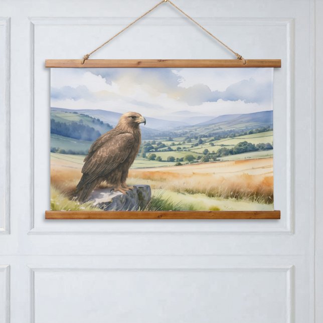 Tapiz Con Marco De Madera Golden Eagle Wildlife Bird of Prey Landscape (An elegant hanging wall tapestry with picture of a golden eagle bird surveying a rugged landscape)