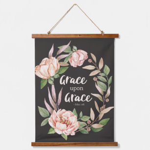 Tapiz Con Marco De Madera Grace Upon Grace - John 1:16 - Floral