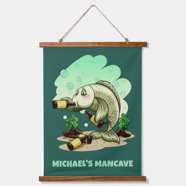 Tapiz Con Marco De Madera Gracioso Bebida personalizado de pescado texto y c (Anverso)