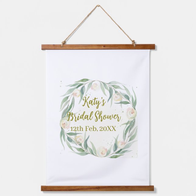 Tapiz Con Marco De Madera Green eucalyptus floral bridal shower name date go (Anverso)