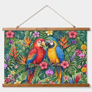 Tapiz Con Marco De Madera Guacamayos de la selva Loros alegres Flores vibran