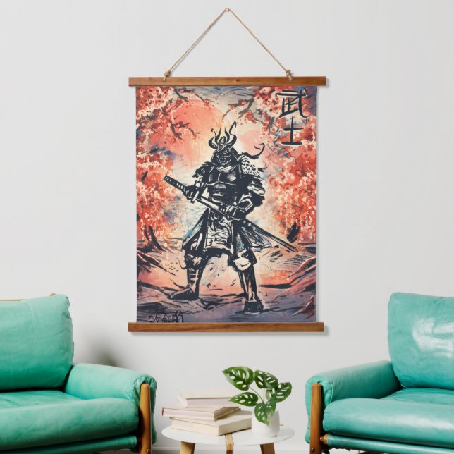 Tapiz Con Marco De Madera Guerrero samurai ; arte japonés tradicional (Sala de estar)