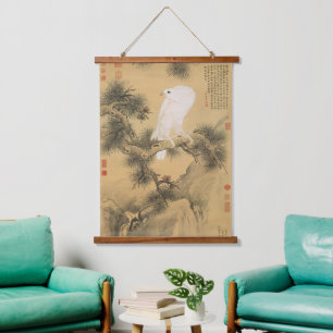 Tapiz Con Marco De Madera Halcón Blanco Vintage sobre Árbol de Pino Arte Chi