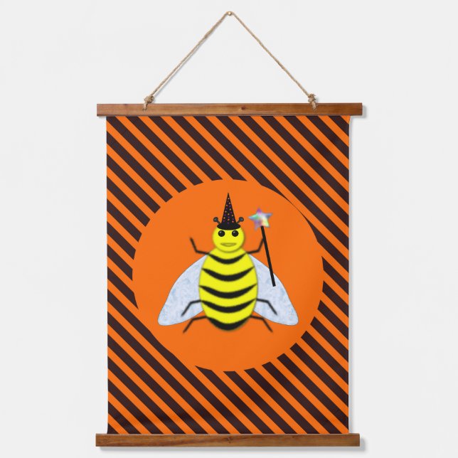 Tapiz Con Marco De Madera Halloween Magic Bee Witch Naranja y Black Stripes (Anverso)