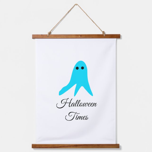 Tapiz Con Marco De Madera Halloween veces el fantasma azul garabato dibujado (Anverso)