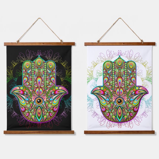 Tapiz Con Marco De Madera Hamsa Fatma Hand Psychedelic Art (Doble)