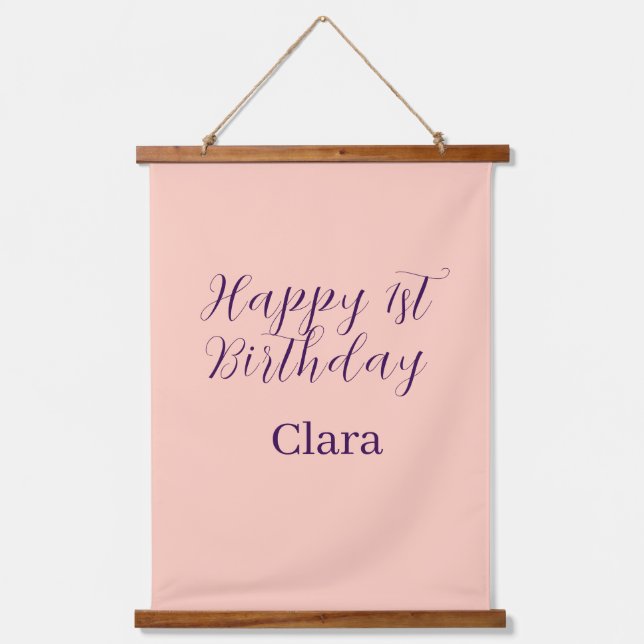 Tapiz Con Marco De Madera Happy 1st birthday orange purple boho retro name  (Anverso)
