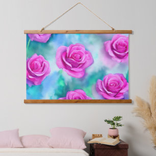 Tapiz Con Marco De Madera Hermosa acuarela moderna colección de rosas rosada