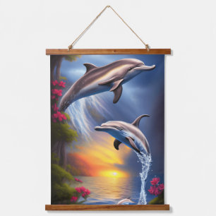 Tapiz Con Marco De Madera Hermoso dúo de delfines en el paraíso