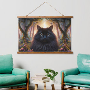 Tapiz Con Marco De Madera Hermoso Gato Negro Fluffy con Ojos de Oro