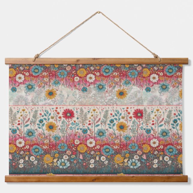 Tapiz Con Marco De Madera Hippie retro: Jardín de flores rojas (Anverso )