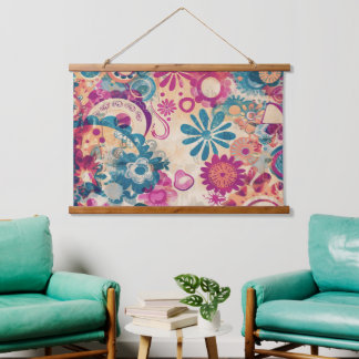 Tapiz Con Marco De Madera Hippie retro: Pared de flores silvestres colgando