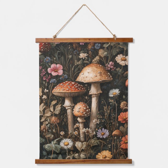 Tapiz Con Marco De Madera Hongos caprichosos y flores silvestres botánico (Anverso)