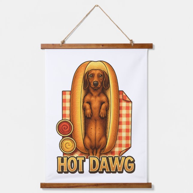 Tapiz Con Marco De Madera Hot Dawg Funny Dachshund Hot Dog Parody Cute Dog  (Anverso)