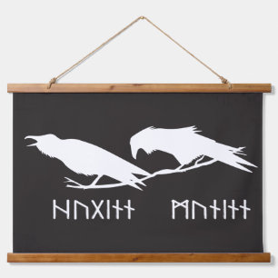Tapiz Con Marco De Madera Huginn y Muninn Cuervos Vikingos Tinta Nórdica